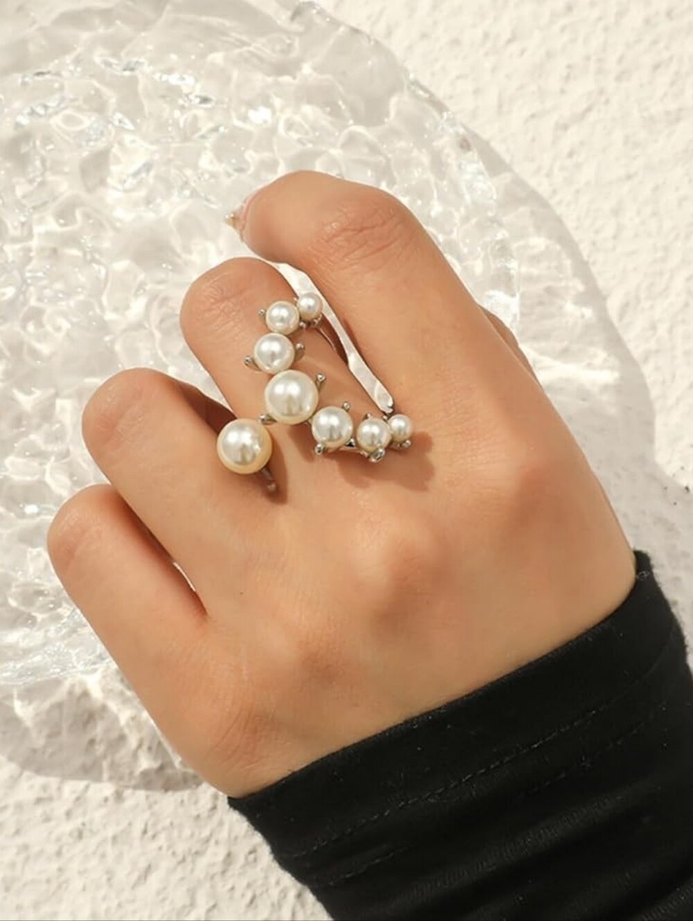 Vintage Pearl Ring Stacking Adjustable Open Statement